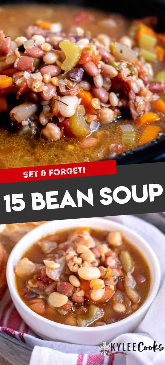 15 bean soup in a crockpot with recipe title over the top