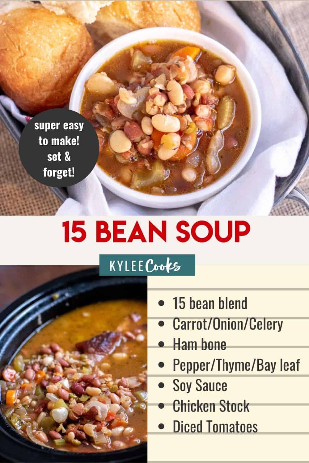 15 bean soup in a crockpot with recipe title over the top