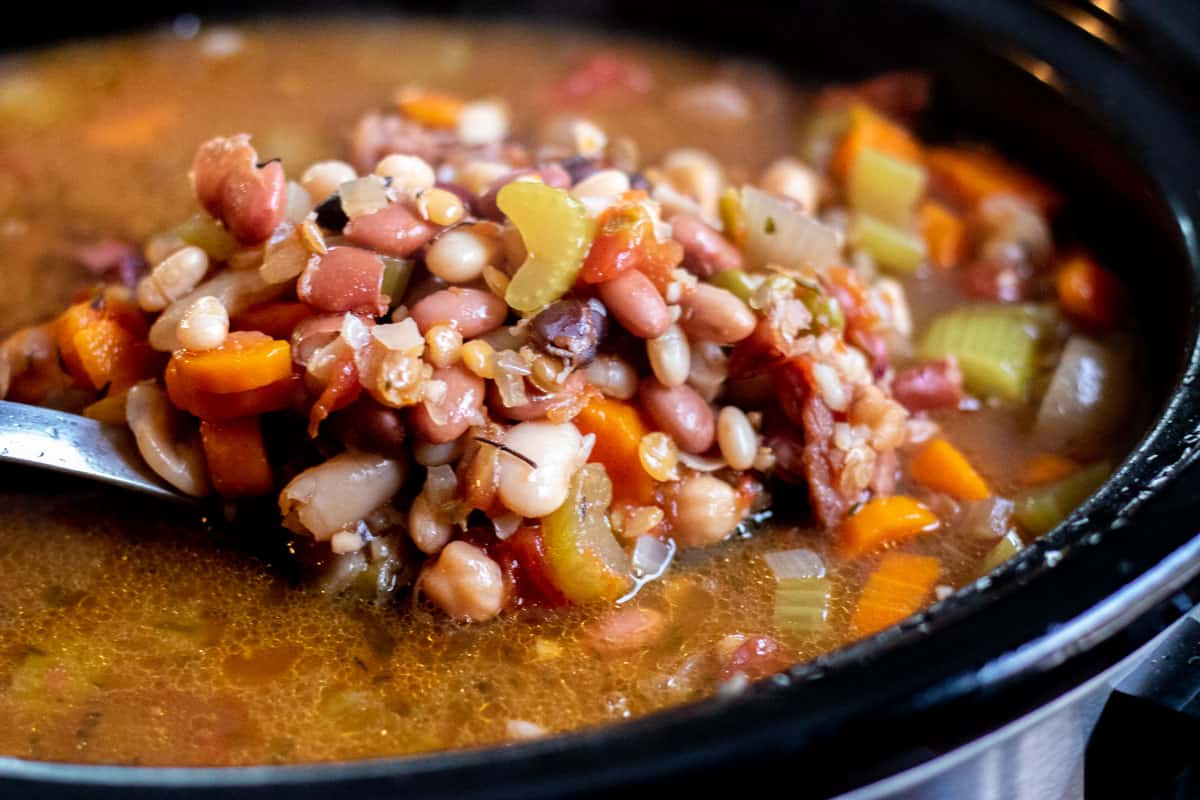 15 bean soup in a black crockpot