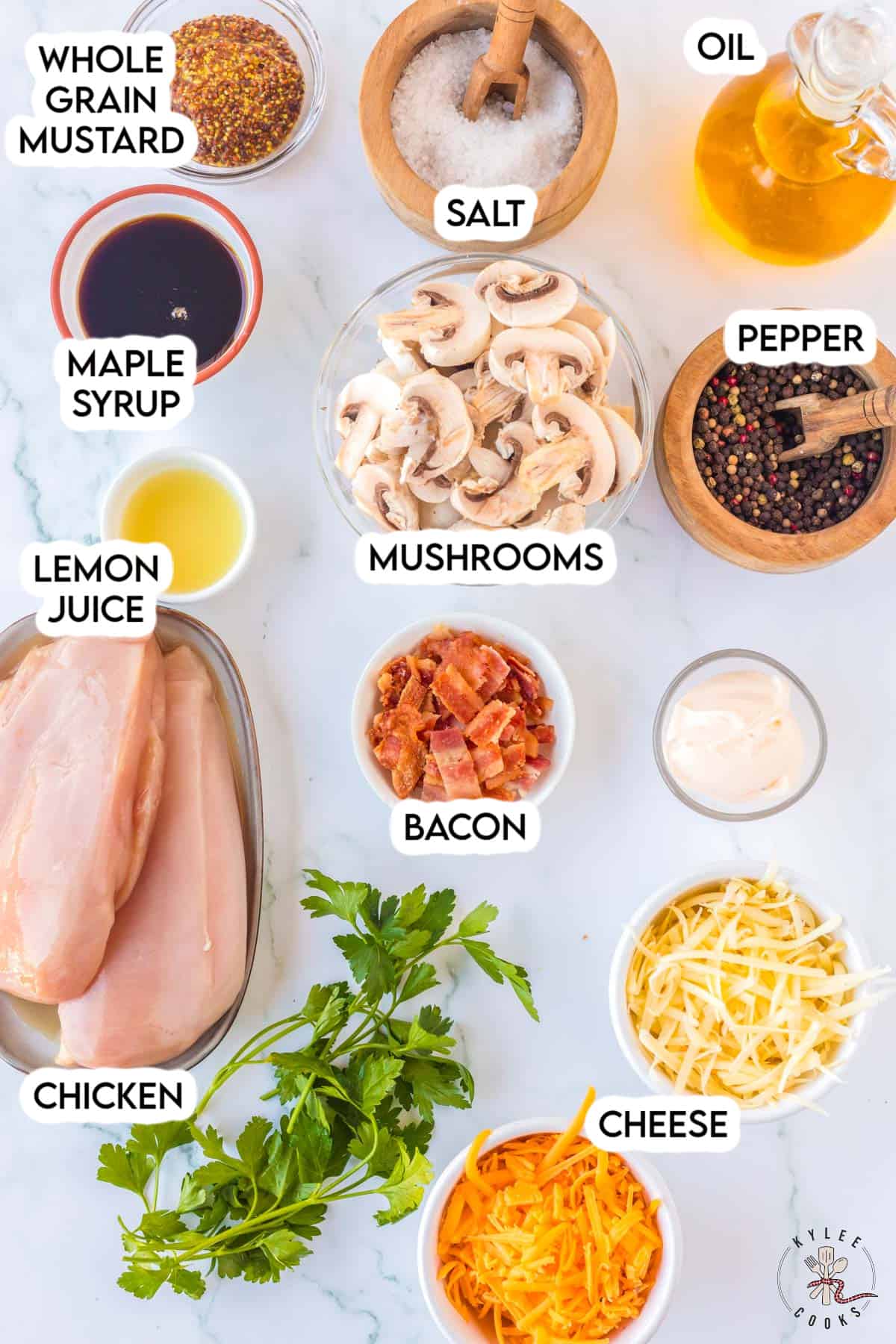 ingredients to make alice springs chicken, laid out and labeled.