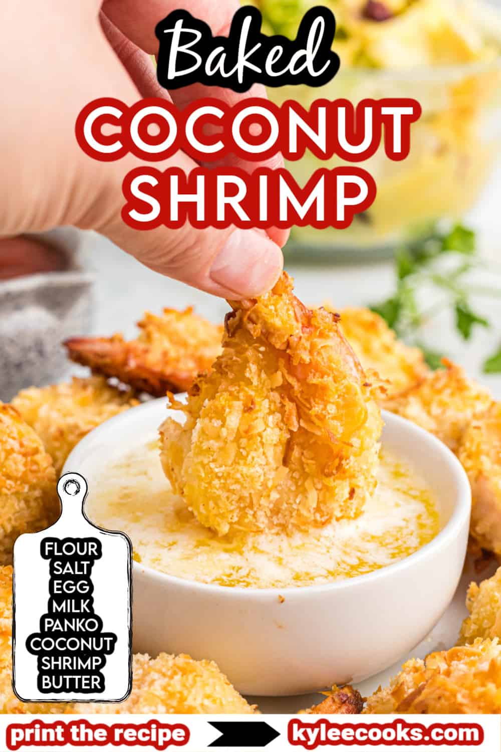 Collage of coconut shrimp with "baked coconut shrimp" overlaid in text.