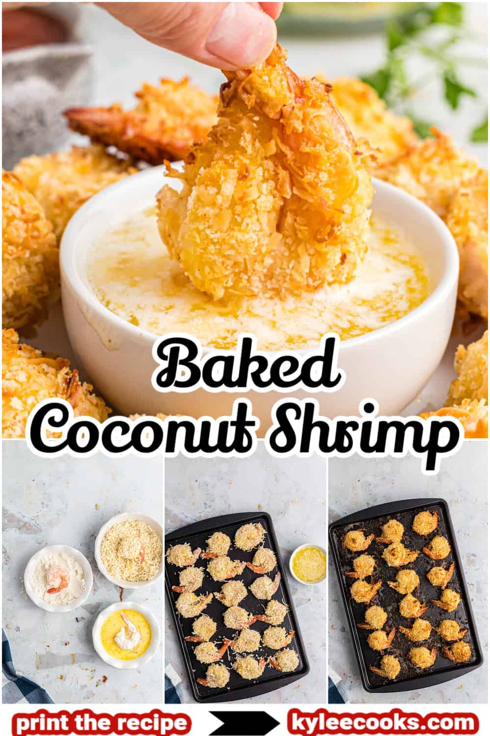 Collage of coconut shrimp with "baked coconut shrimp" overlaid in text.