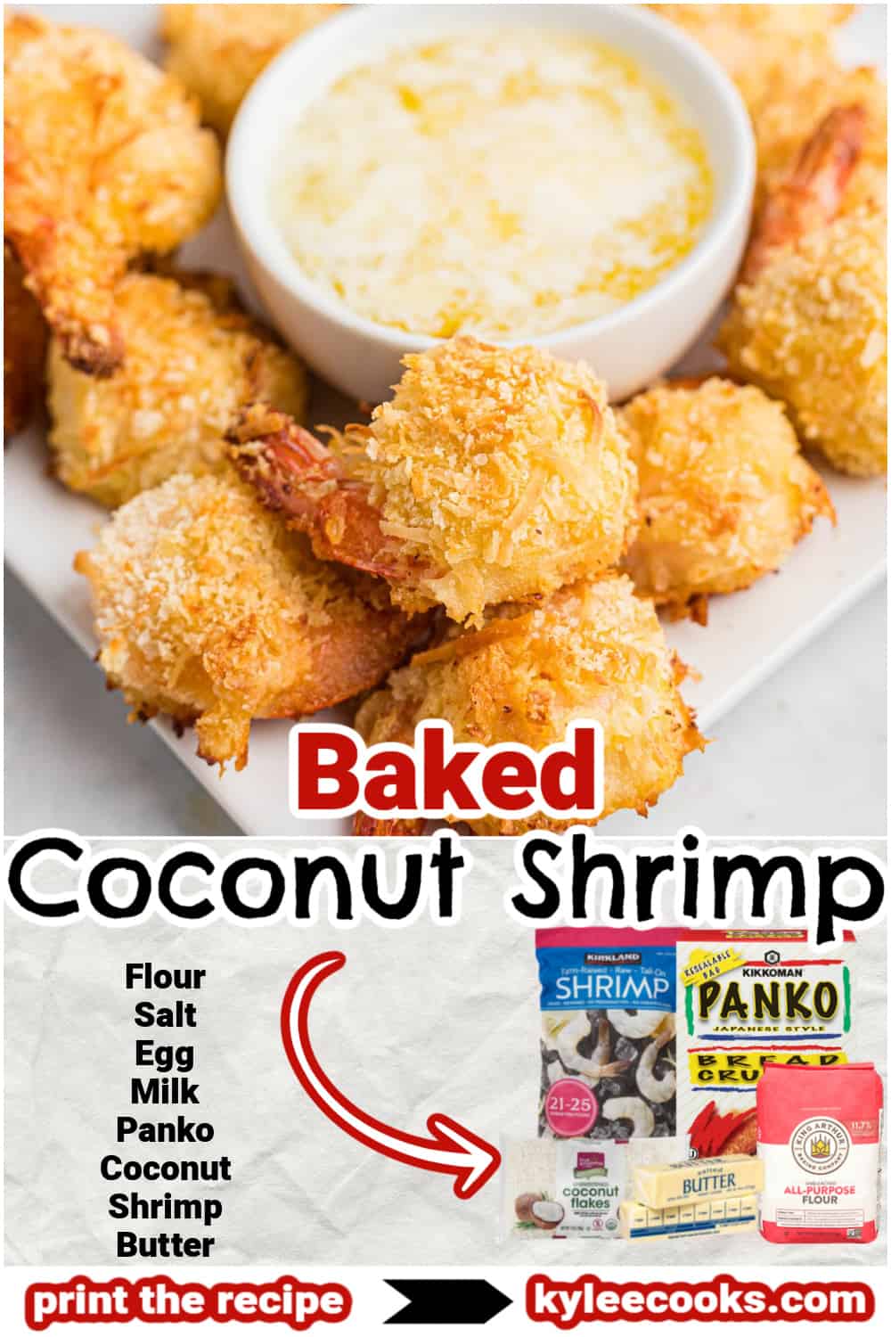 Collage of coconut shrimp with "baked coconut shrimp" overlaid in text.