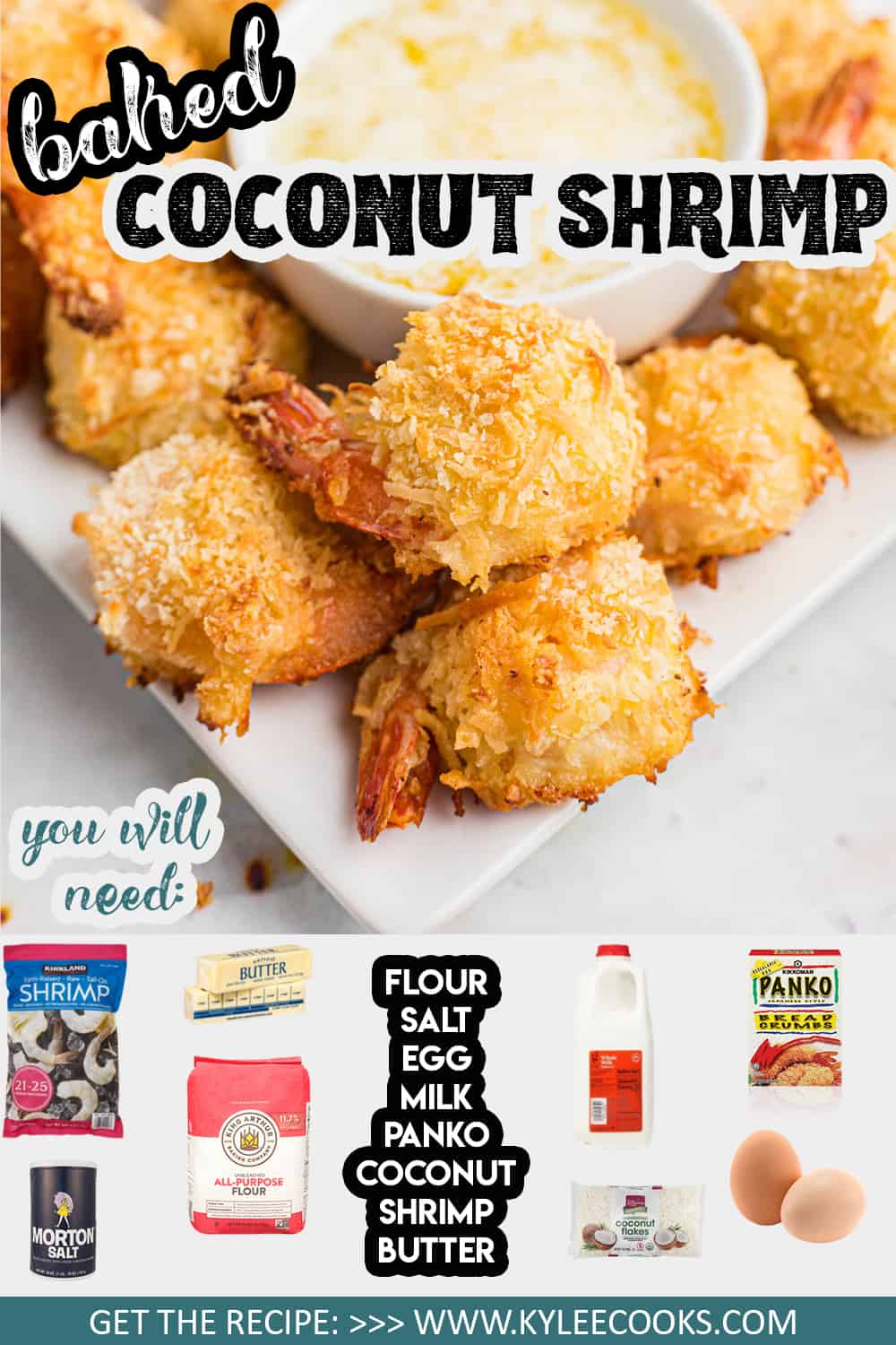 Collage of coconut shrimp with "baked coconut shrimp" overlaid in text.