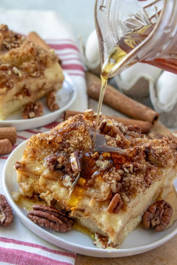 baked french toast with syrup pour