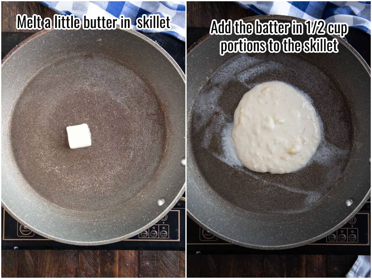 collage of cooking banana pancakes.