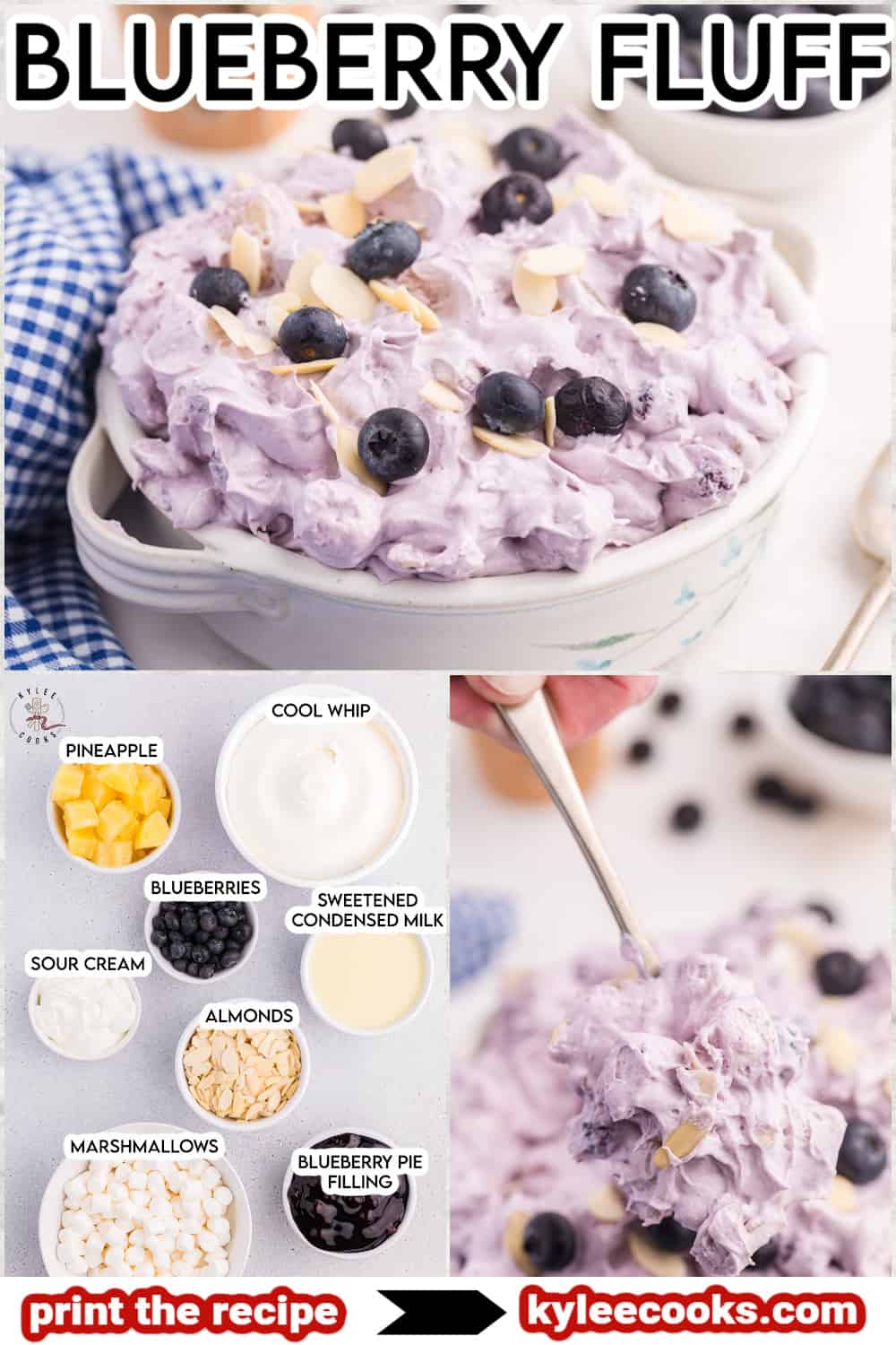 blueberry fluff salad with text overlaid.