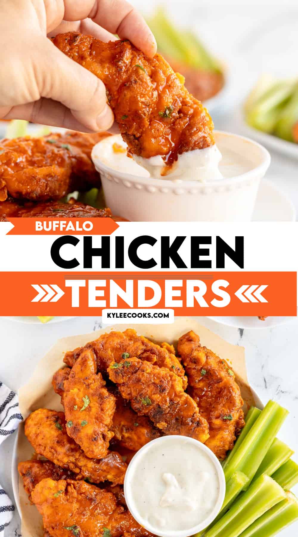 collage of buffalo chicken tenders being dipped and on a plate, with recipe name overlaid in text.