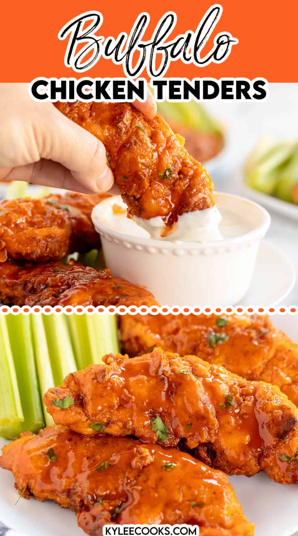 collage of buffalo chicken tenders being dipped and on a plate, with recipe name overlaid in text.