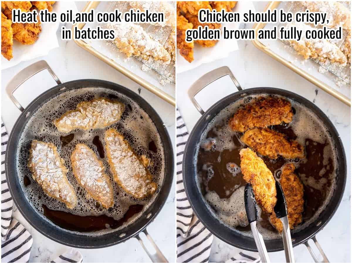 collage showing chicken tenders being cooked in a cast iron skillet.