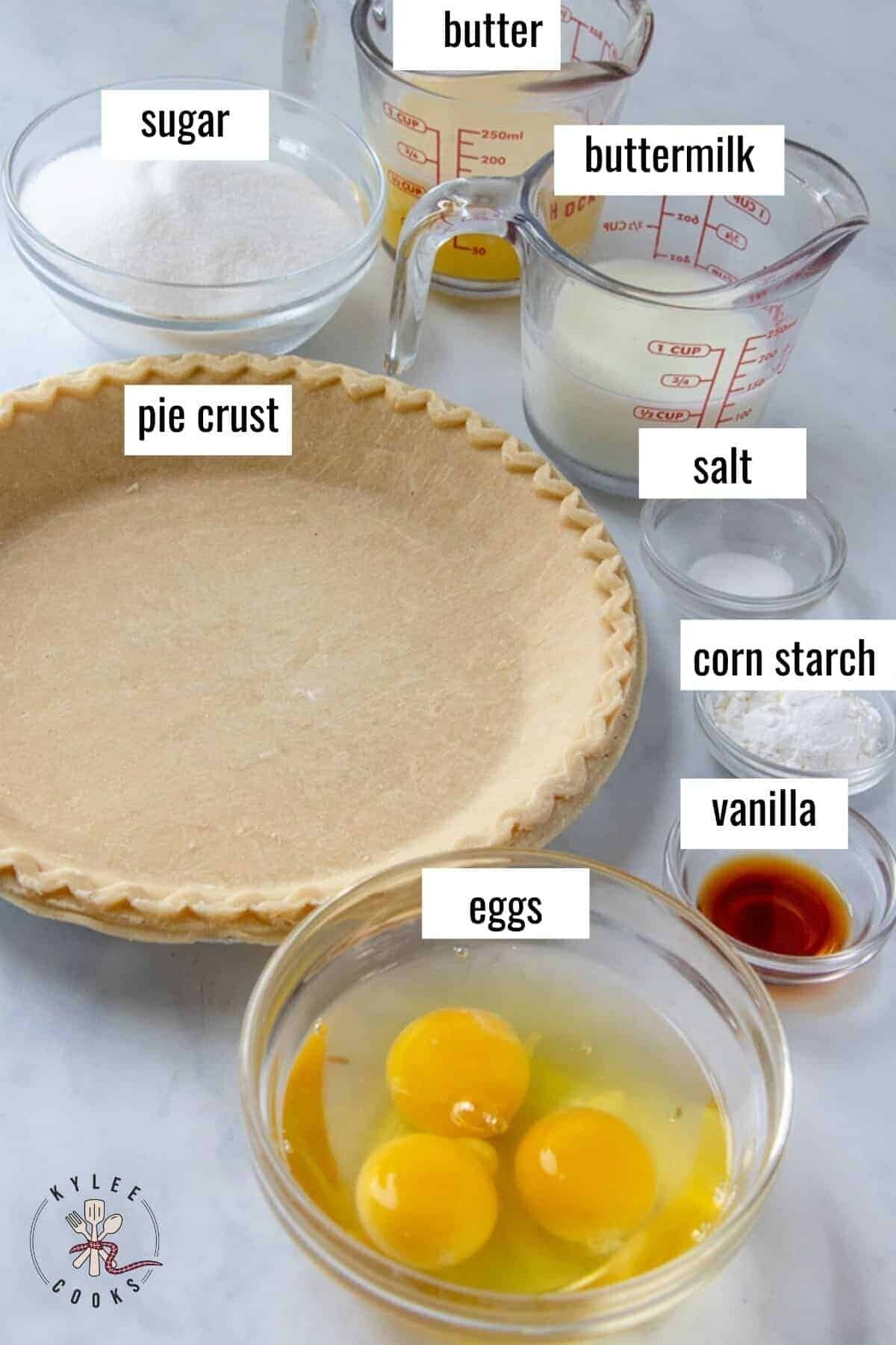 Buttermilk Pie ingredients laid out and labeled