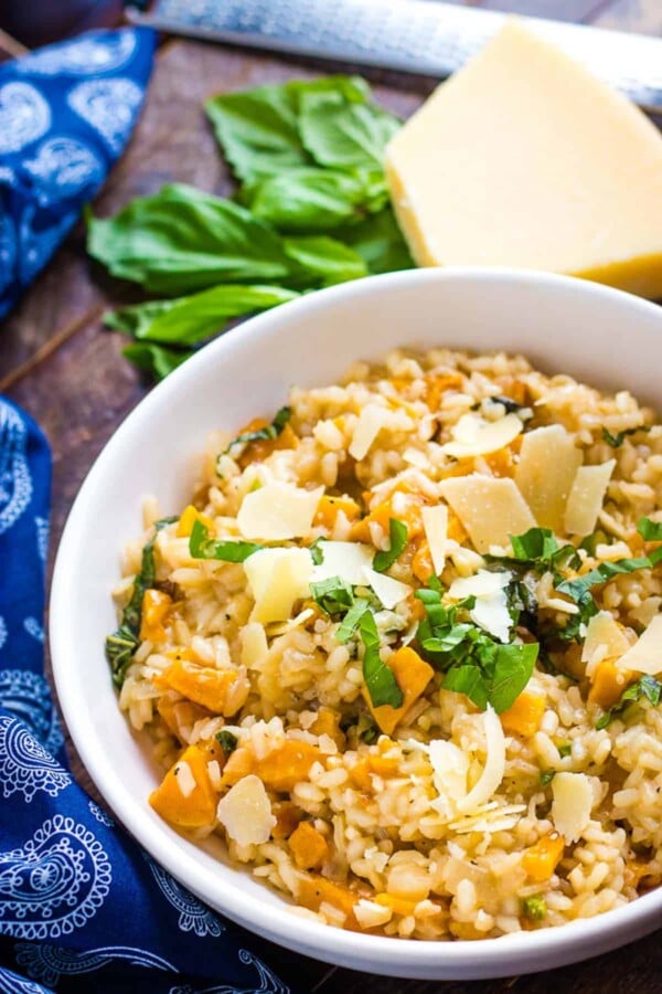 butternut squash risotto in a white bowl