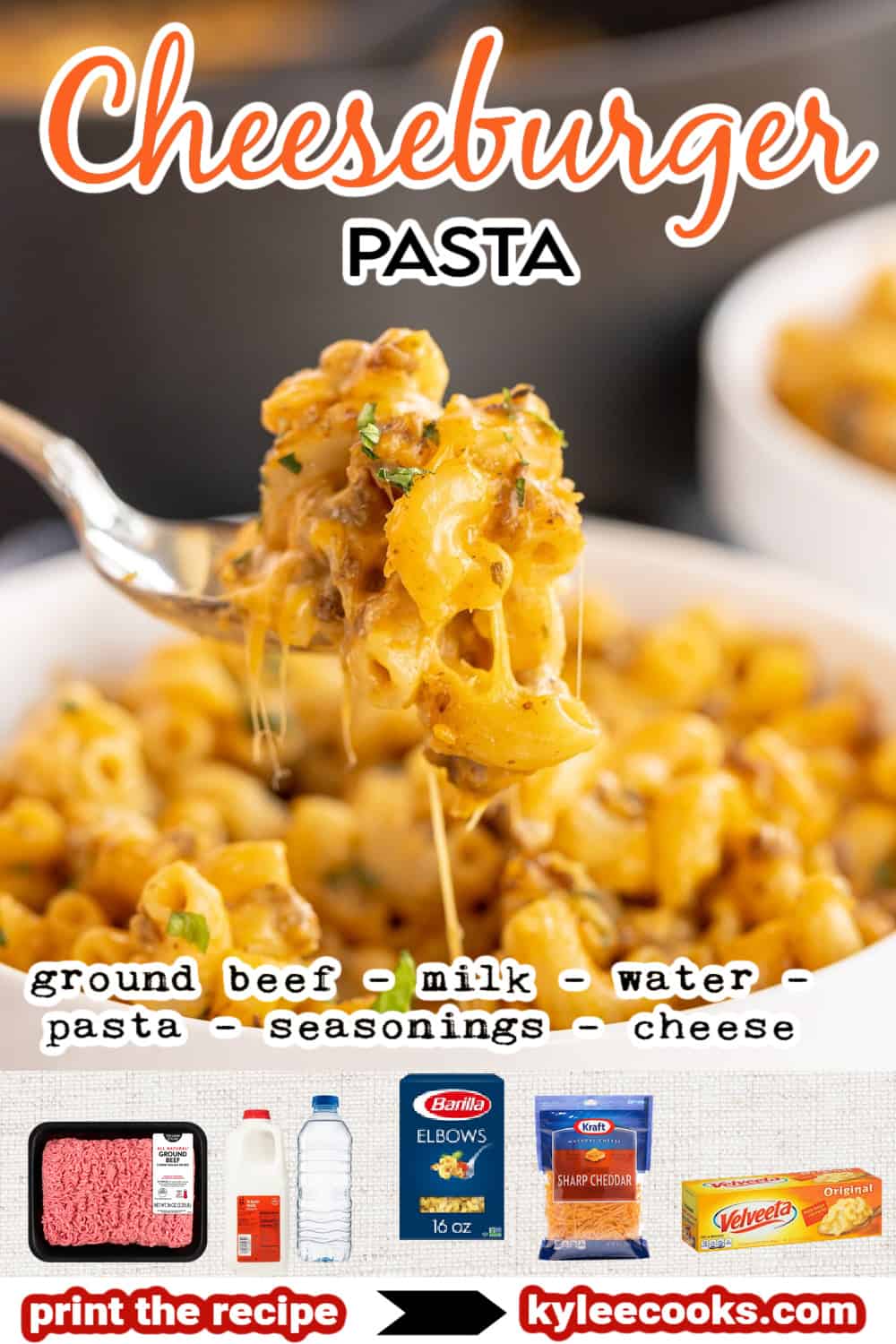 cheeseburger pasta with recipe name overlaid in text.