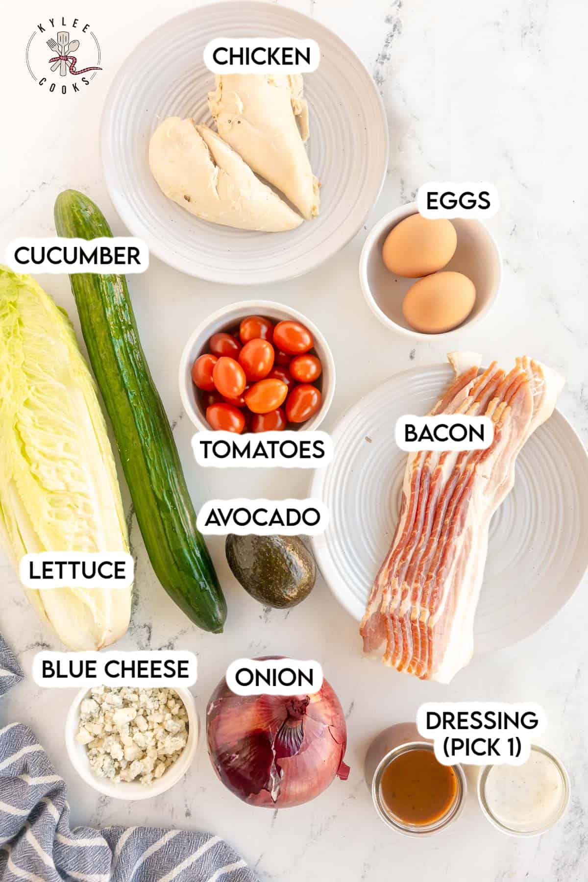 A plate with ingredients for a chicken Cobb salad.