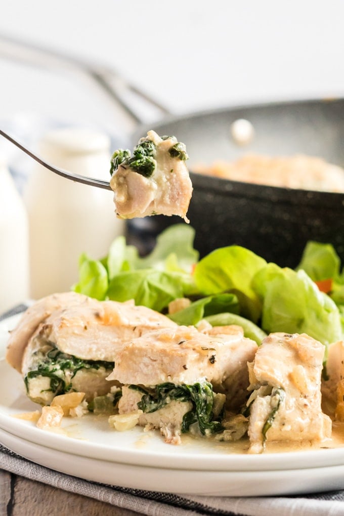 chicken florentine on a fork