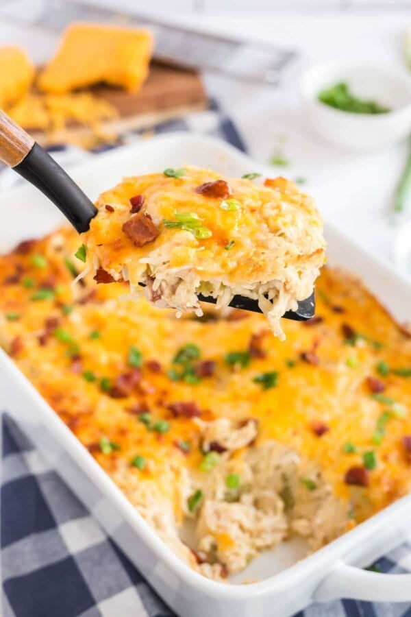 A close up a spoon with chicken and rice casserole on it