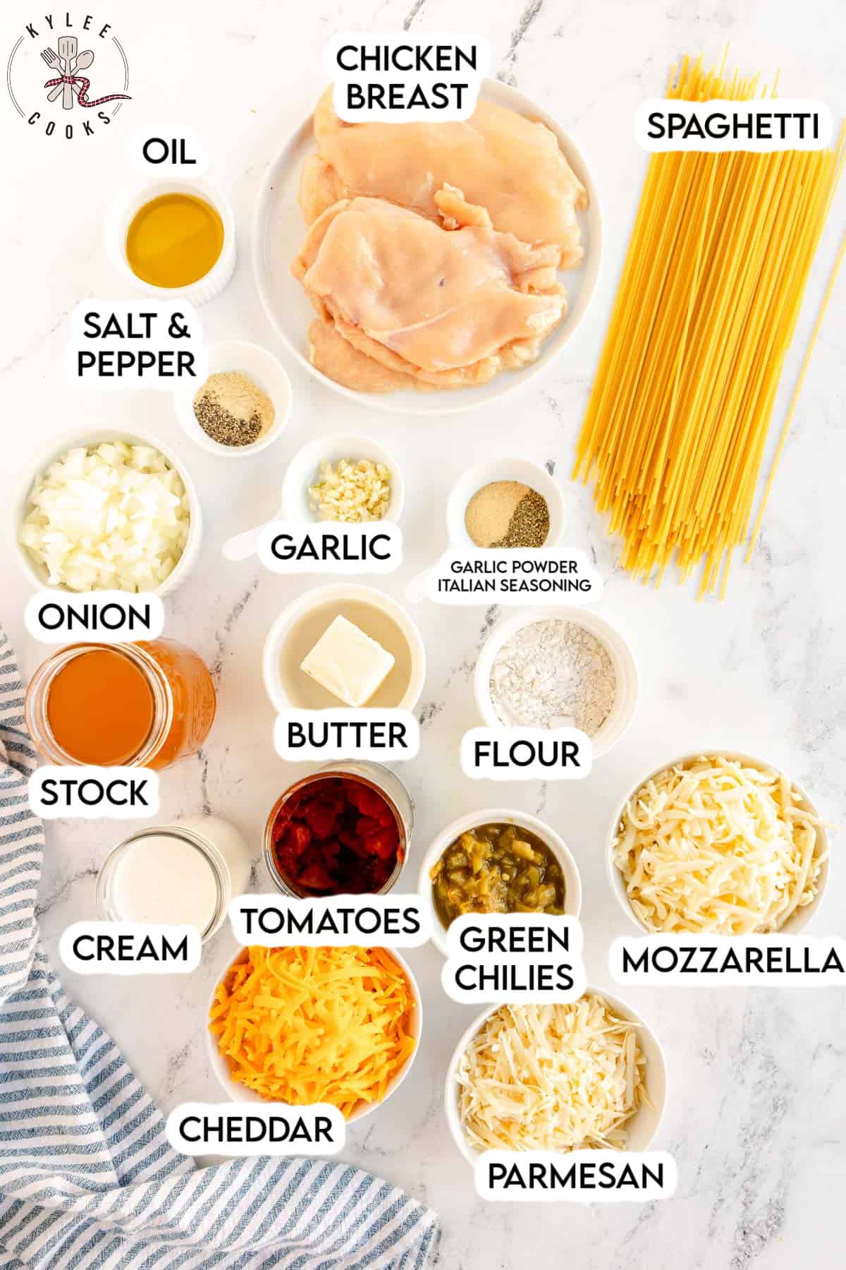 ingredients to make chicken spaghetti laid out and labeled.