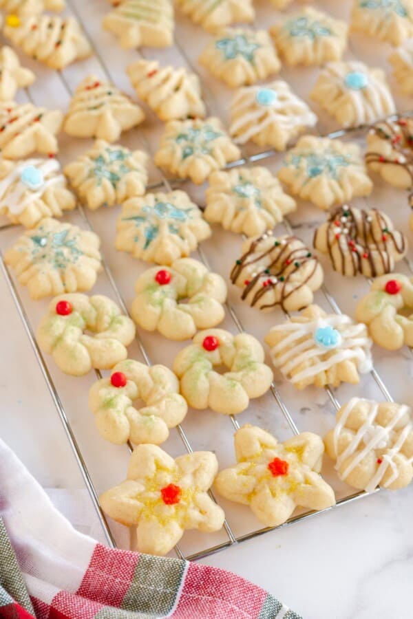 Christmas Spritz Cookies on a cooling rack