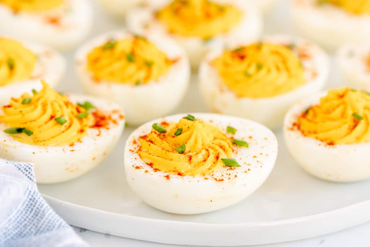 deviled eggs on a white plate