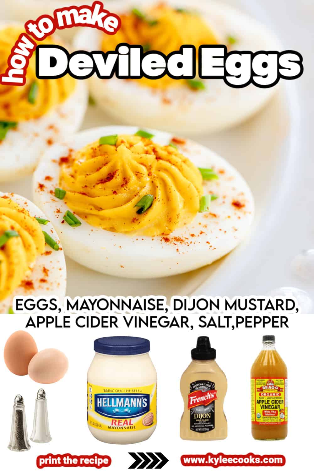 deviled egg image with ingredients and text overlay