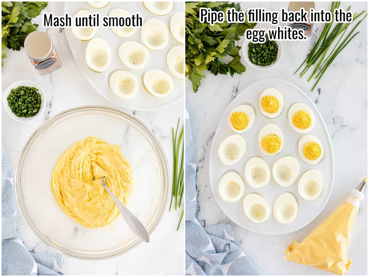 step by step - mixing and piping filling on deviled eggs