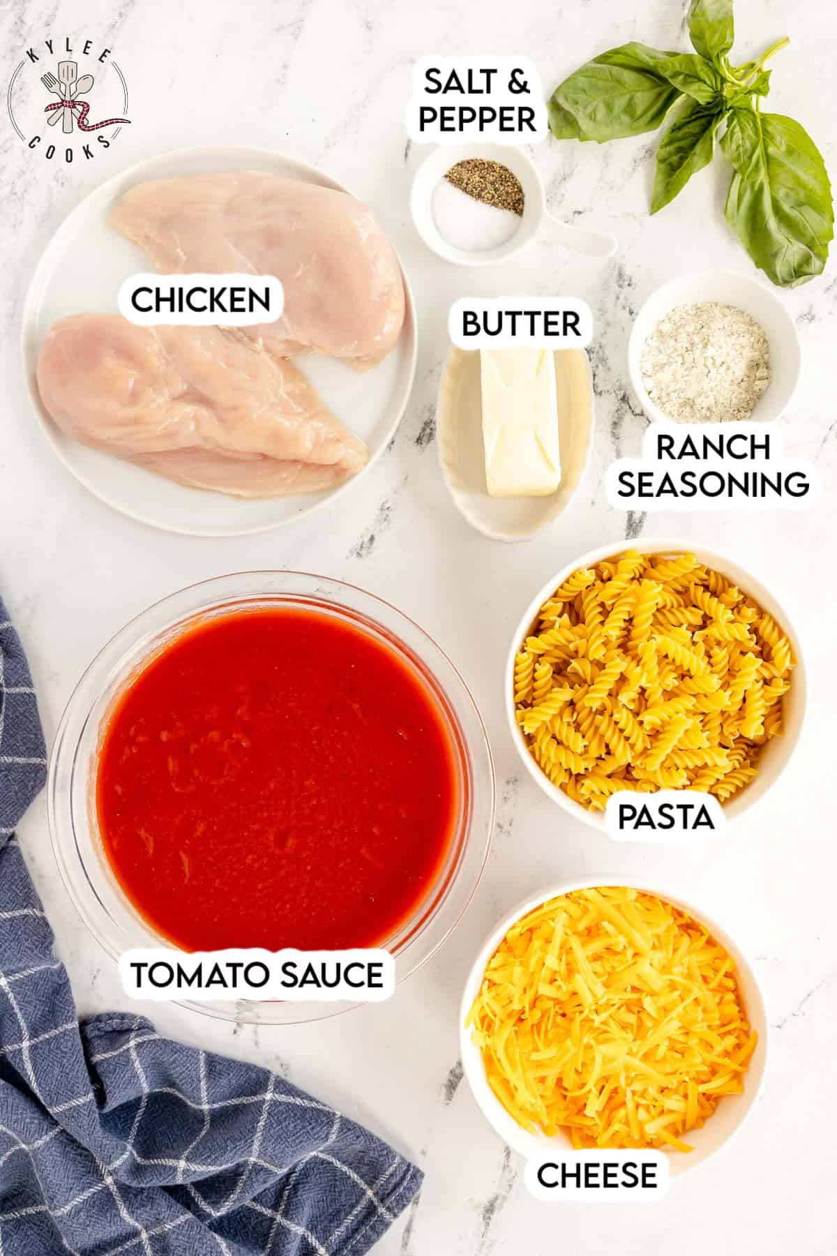 ingredients to make tomato chicken pasta laid out and labeled.