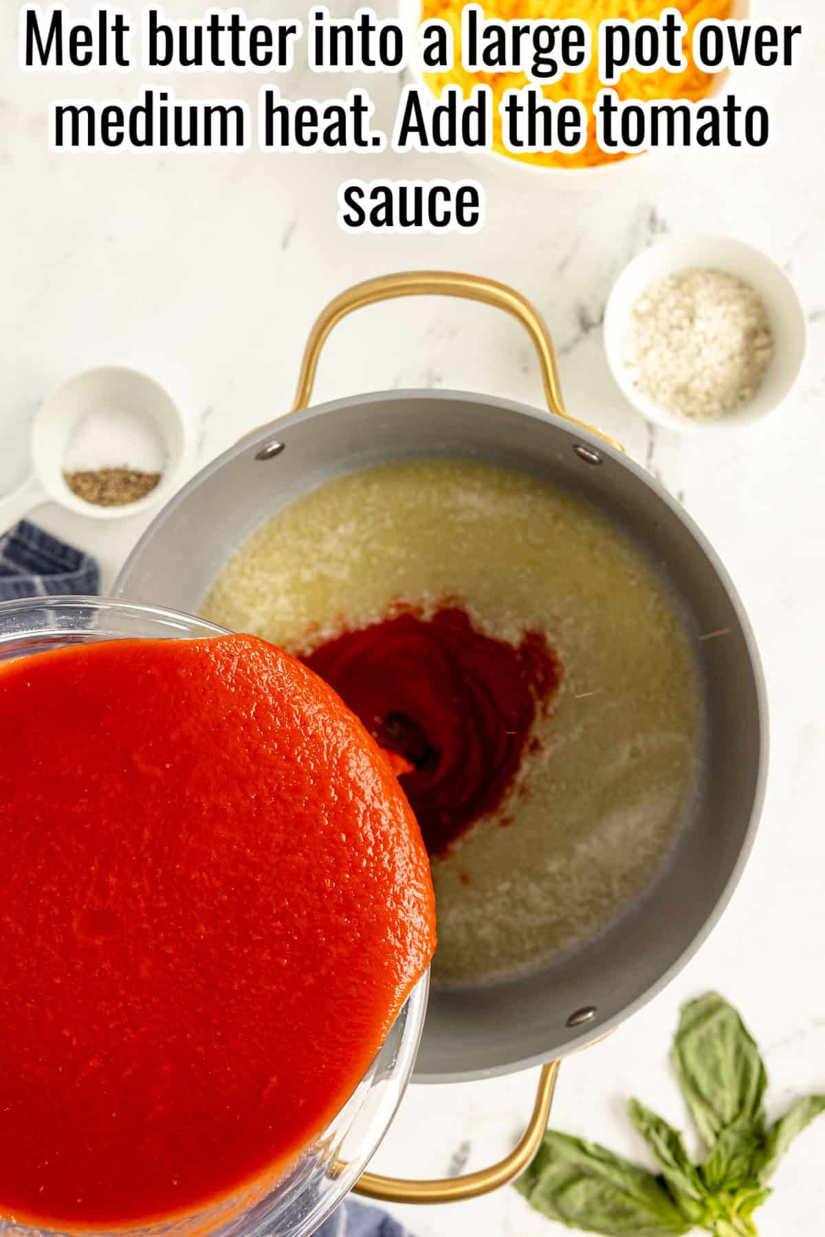 tomato sauce being poured into a pot with butter.