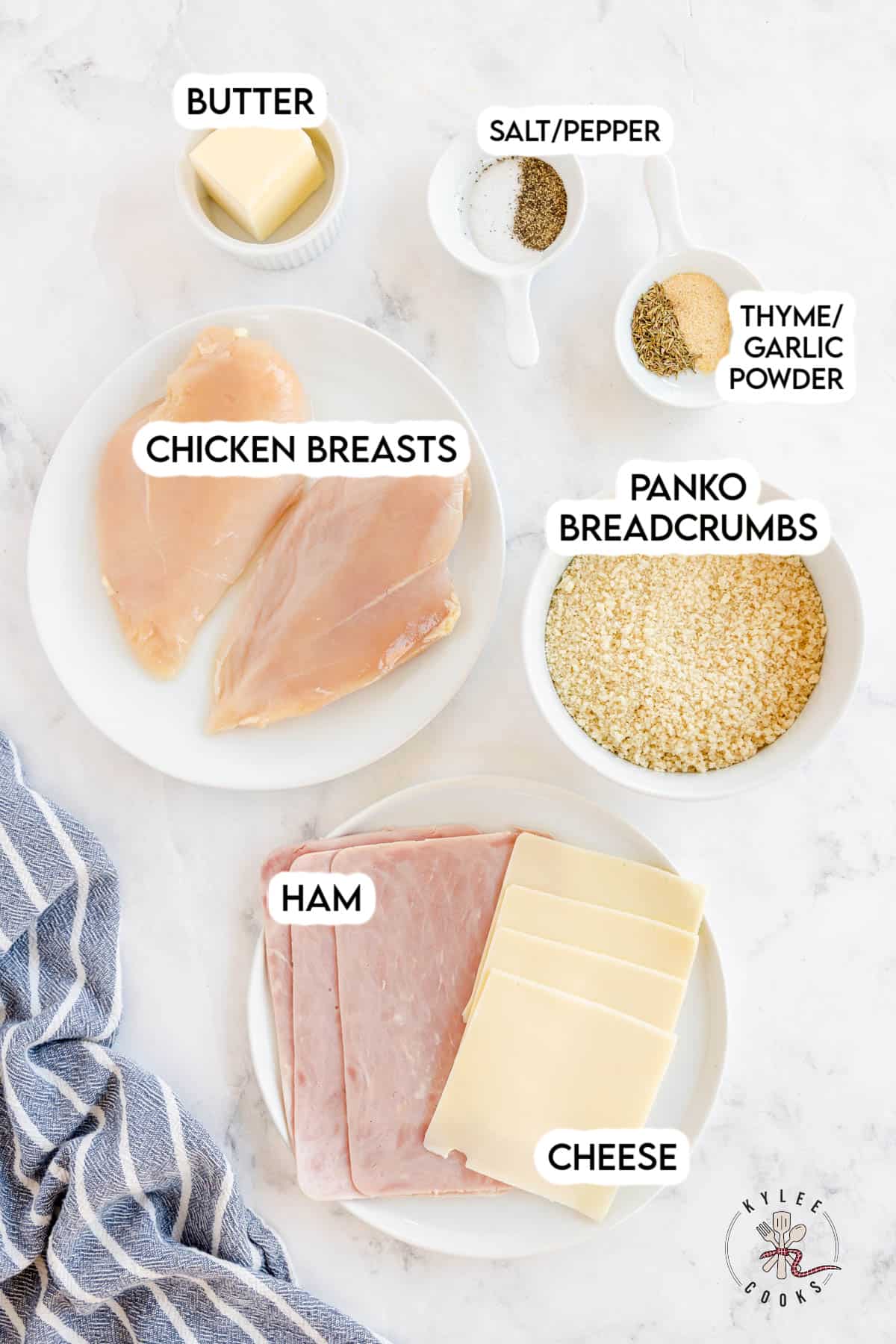 chicken cordon bleu ingredients, ham, chicken, butter, breadcrumbs, cheese and seasoning