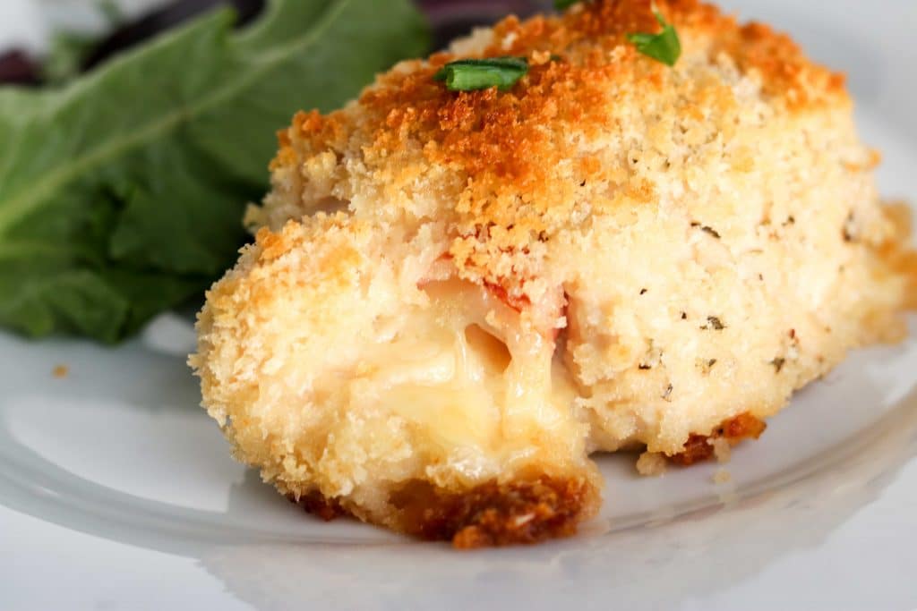 close up of baked chicken cordon bleu. 