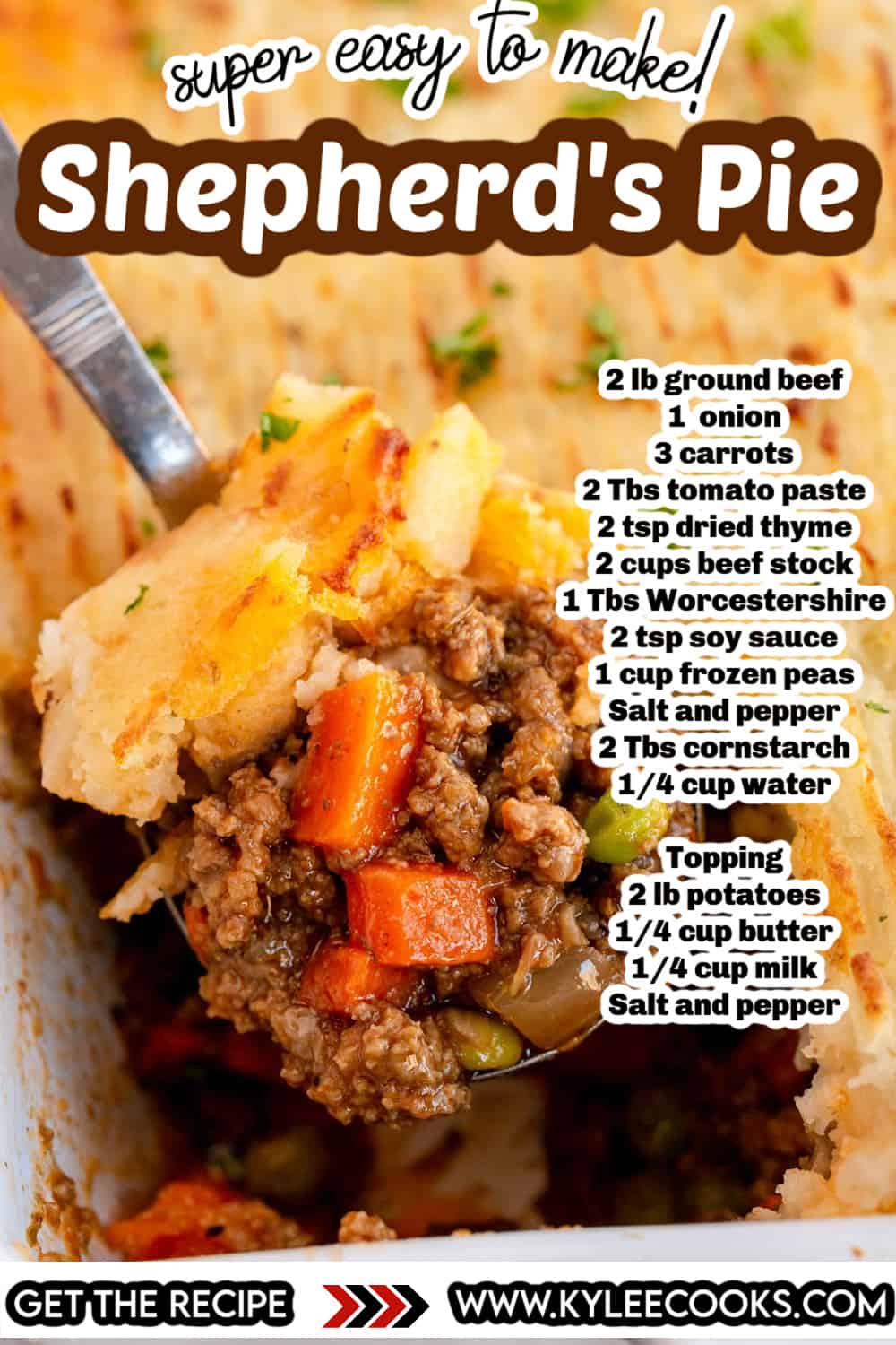 shepherd's pie with a scoop removed showing the inside with recipe title and ingredients overlaid in text