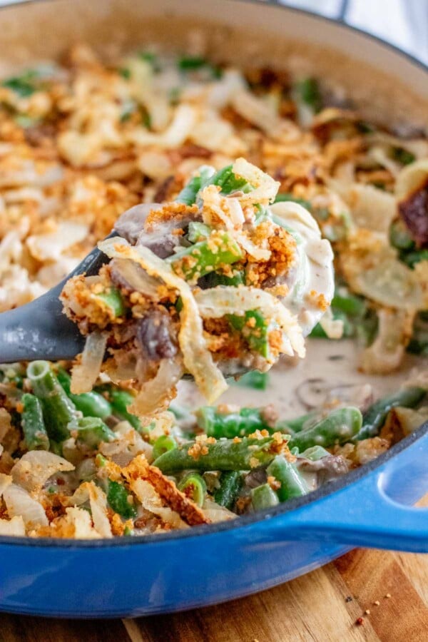 green bean casserole in a blue skillet