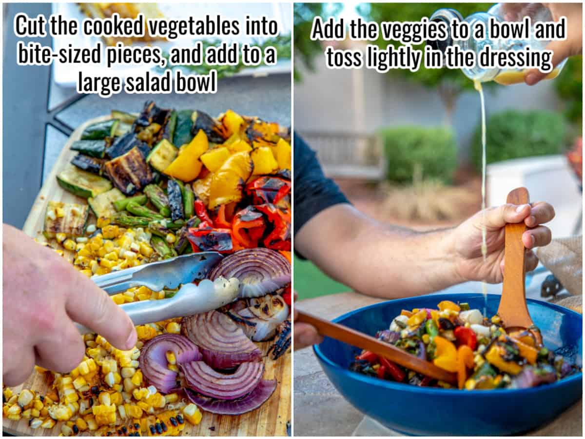 process collage showing chopped veggies and hand pouring dressing into a bowl.