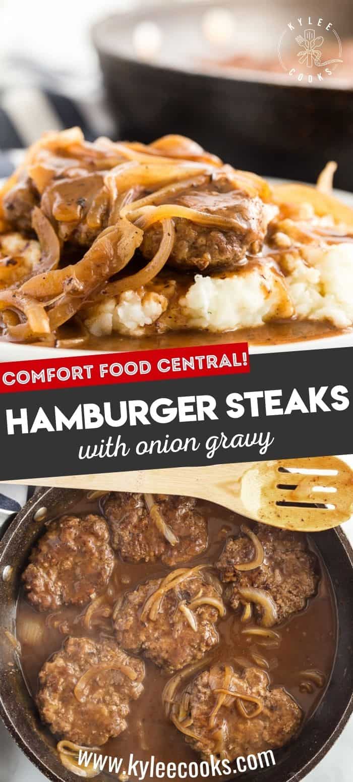 collage of hamburger steaks with onion gravy on mashed potatoes, and a skillet - with recipe title in text overlaid