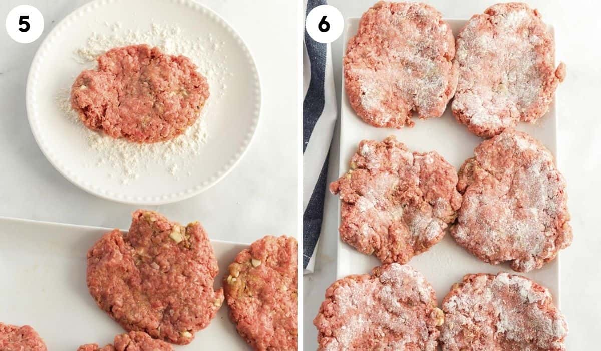 collage of dipping the patties in flour for hamburger steaks