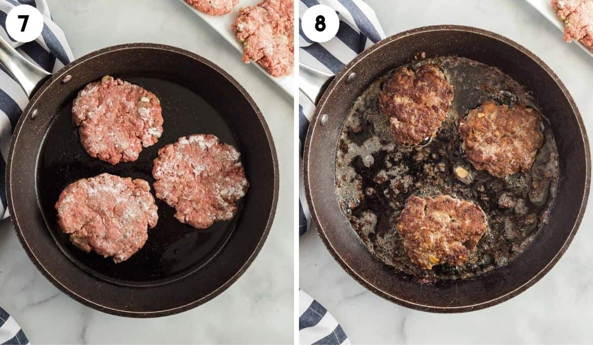 collage of cooking hamburger patties in a skillet
