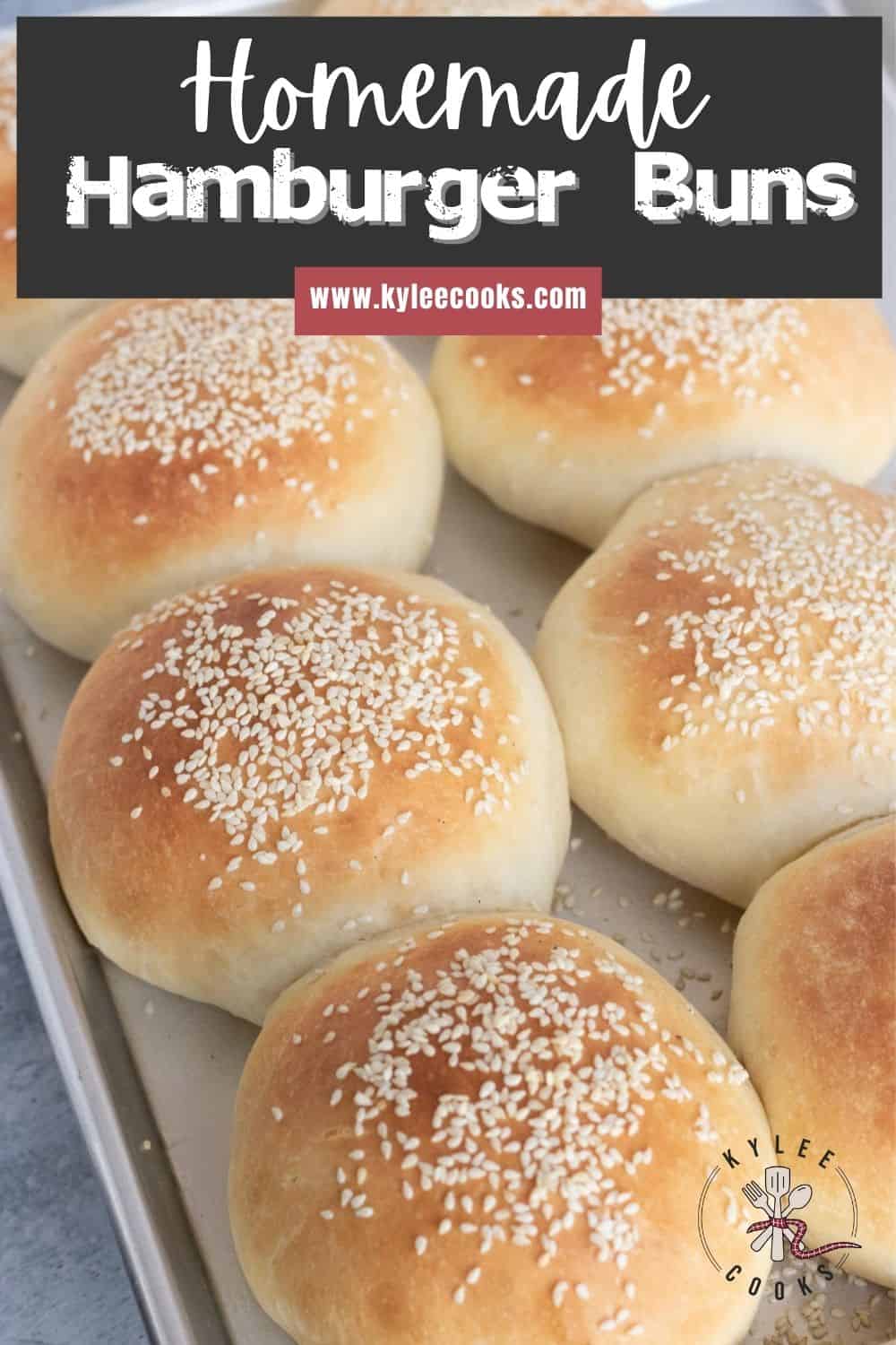 hamburger buns with the recipe title in text overlaid