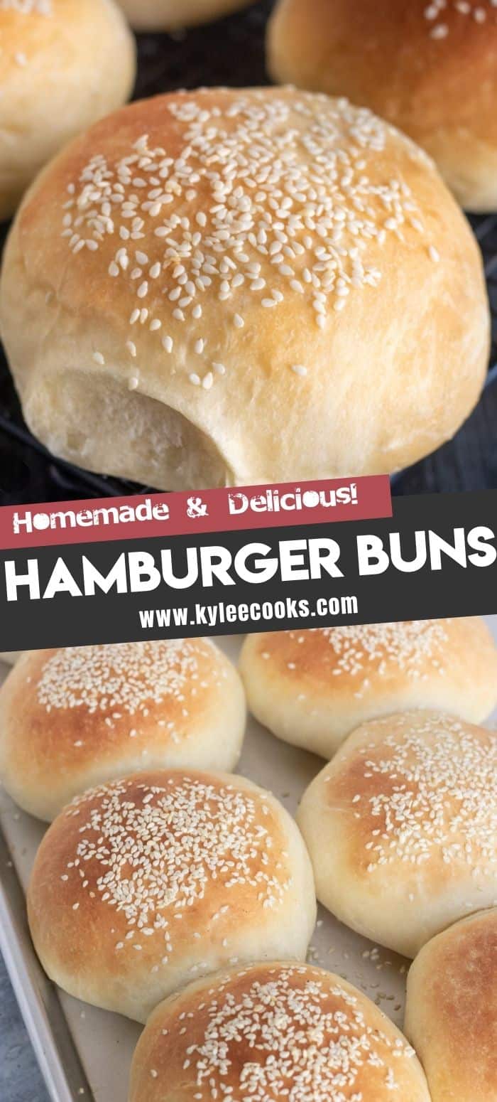 hamburger buns with the recipe title in text overlaid