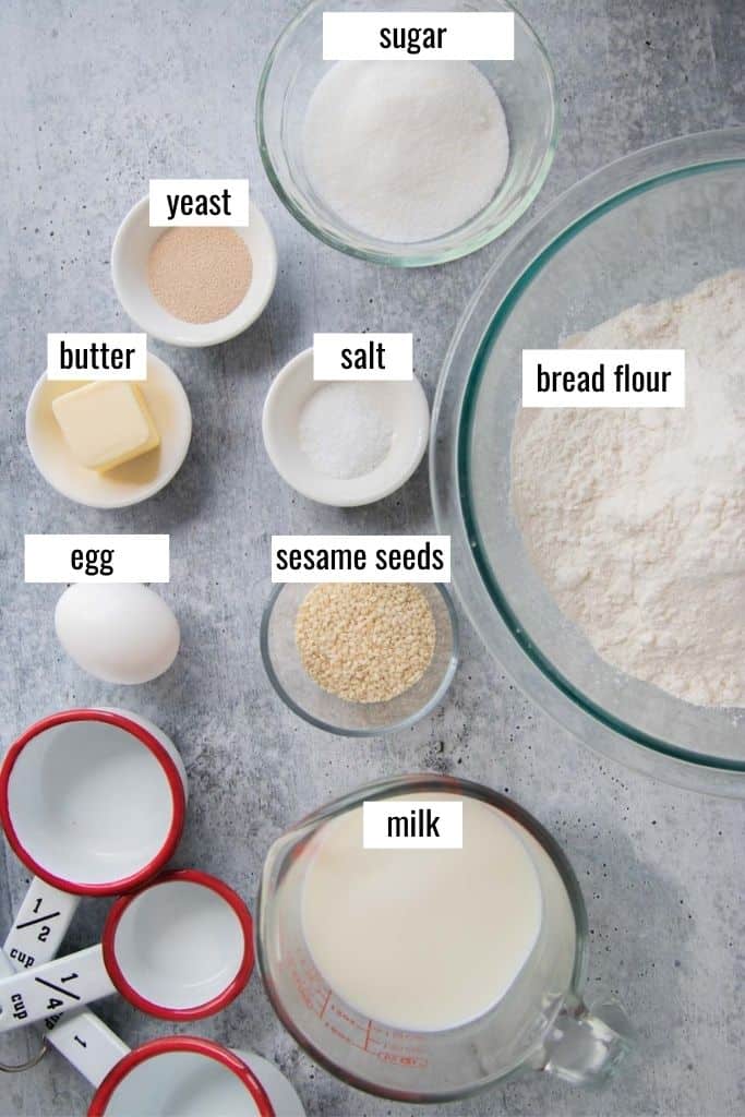 ingredients for homemade burger buns laid out labeled