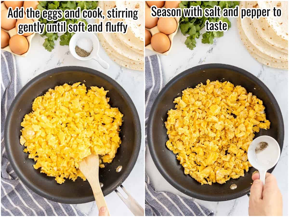 collage of mixing eggs and adding seasoning to scrambled eggs.