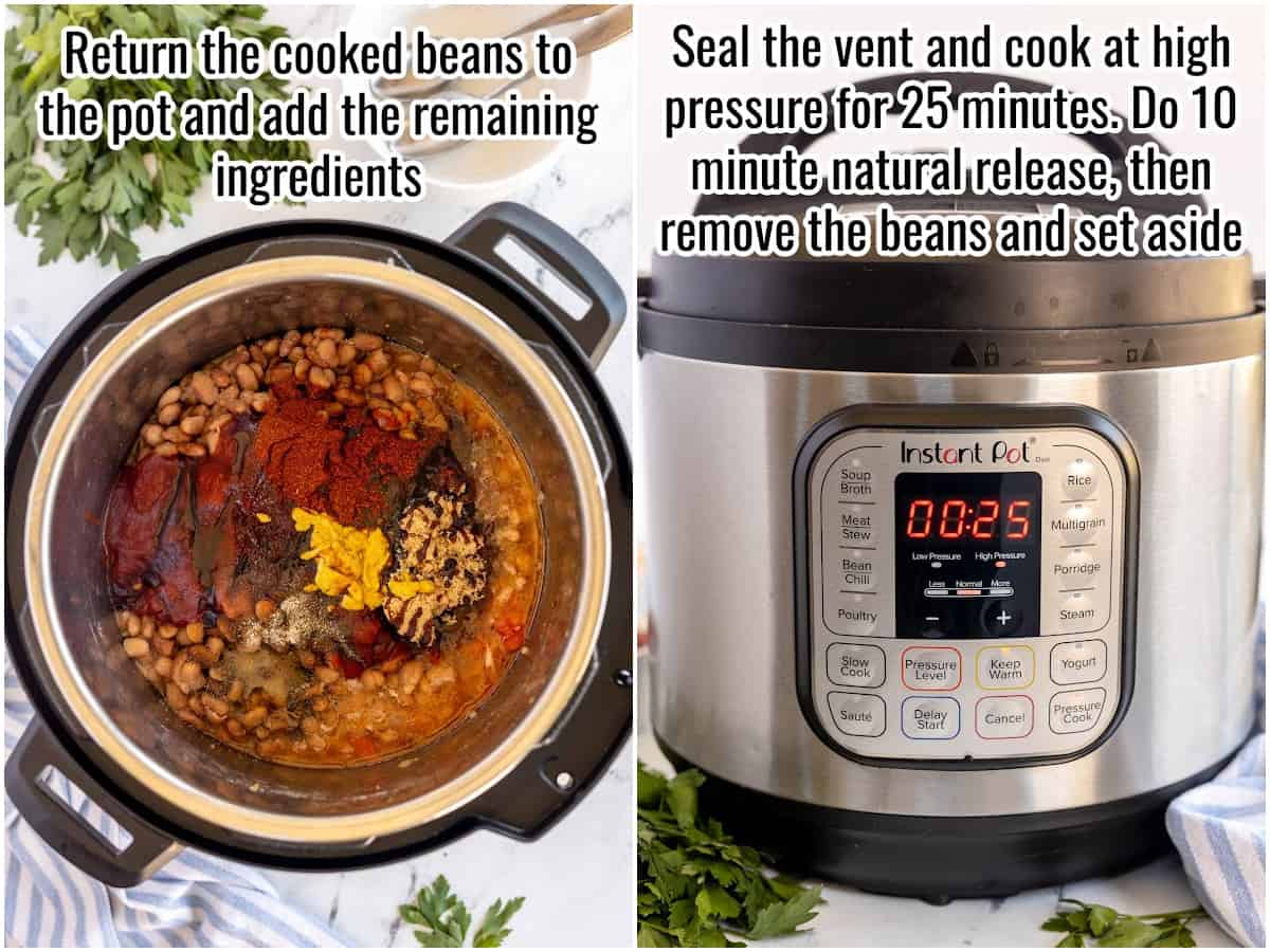 step by step collage of cooked baked beans in an instant pot.