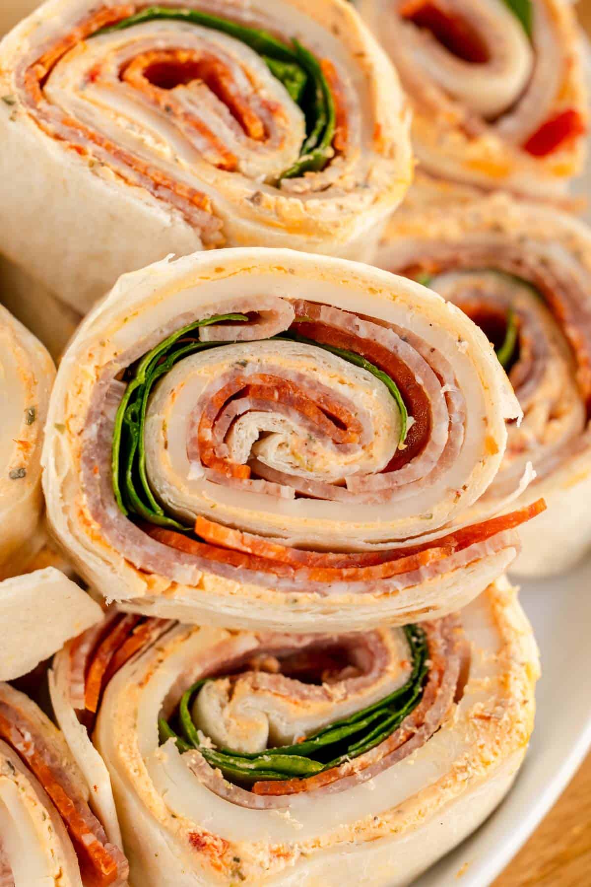 close up of sliced italian pinwheels.