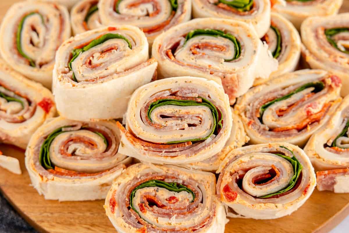 close up of sliced italian pinwheels.