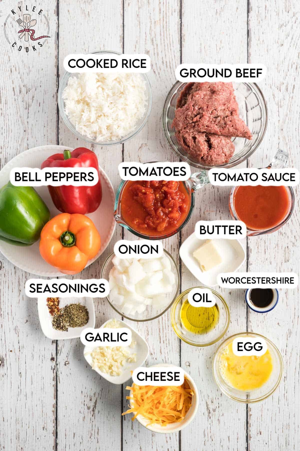 ingredients to make stuffed peppers laid out and labeled