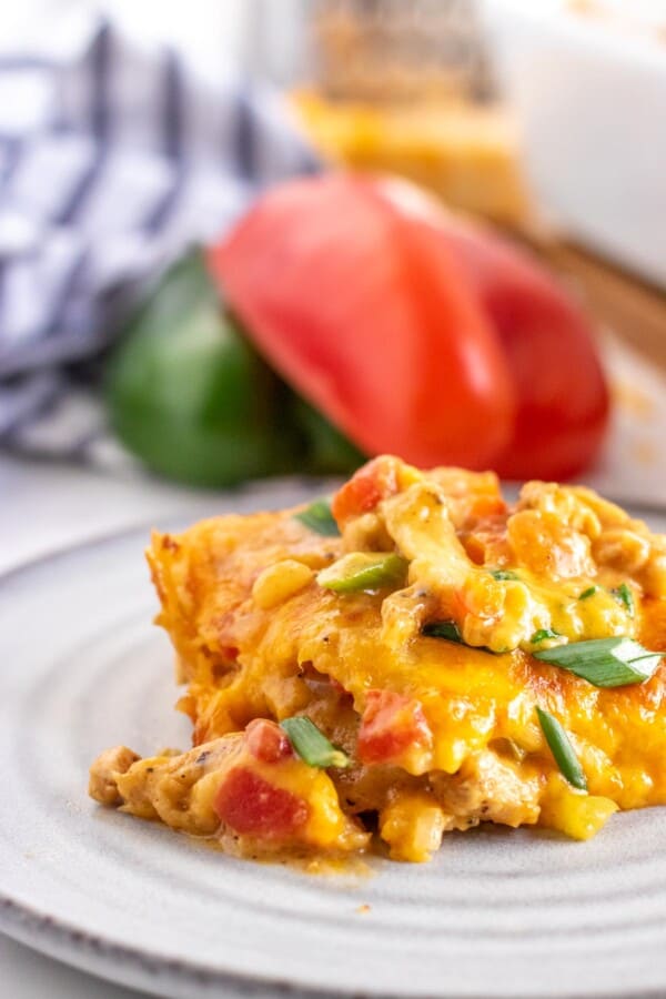 casserole on a grey plate with bell peppers in the background