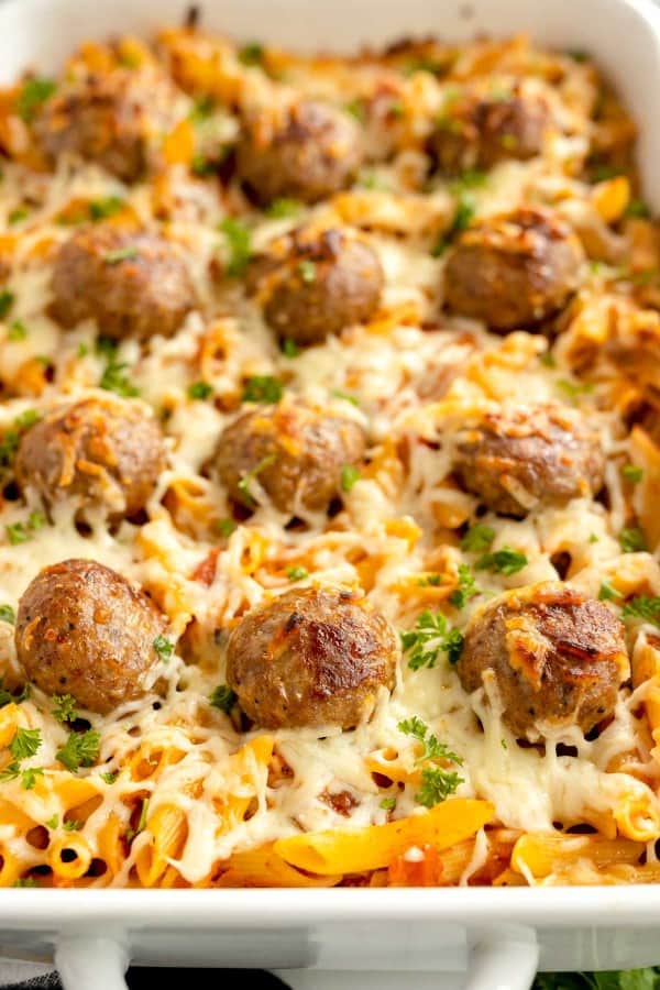 meatball casserole in a white dish.