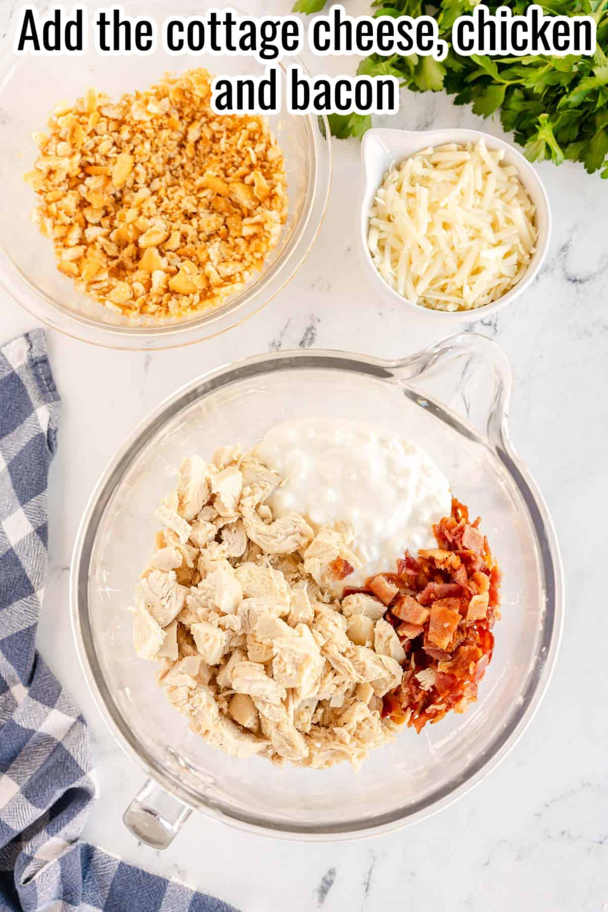 chicken and bacon in a bowl for million dollar chicken casserole.