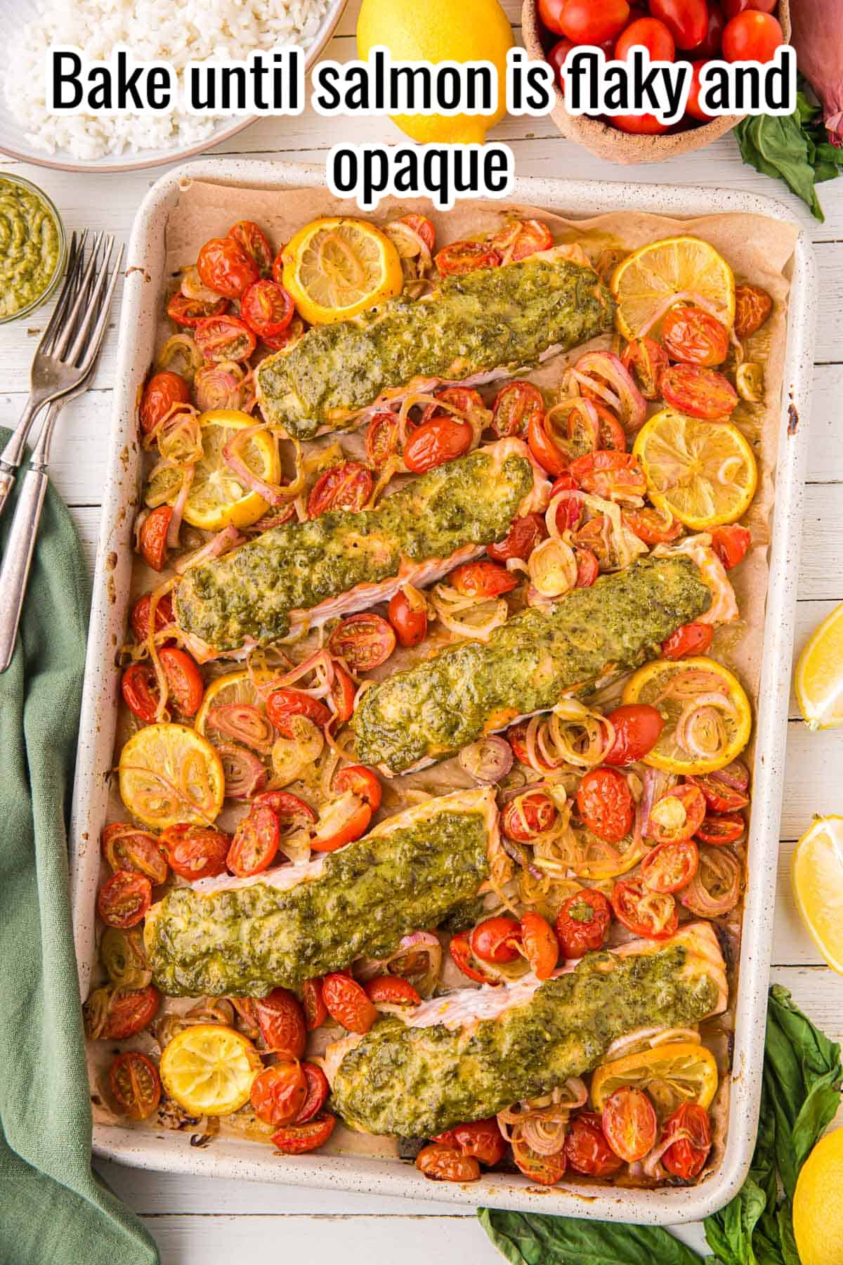 baked salmon on a sheet pan.