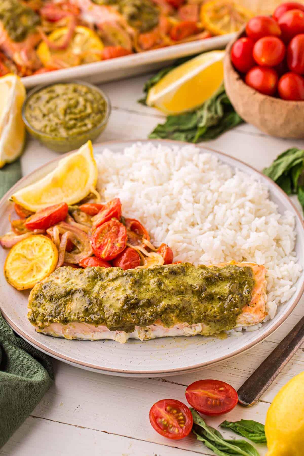 Salmon on a plate with veggies and rice.