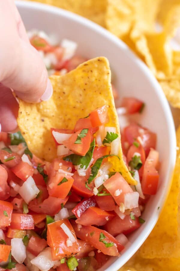 pico de gallo on a tortilla chip