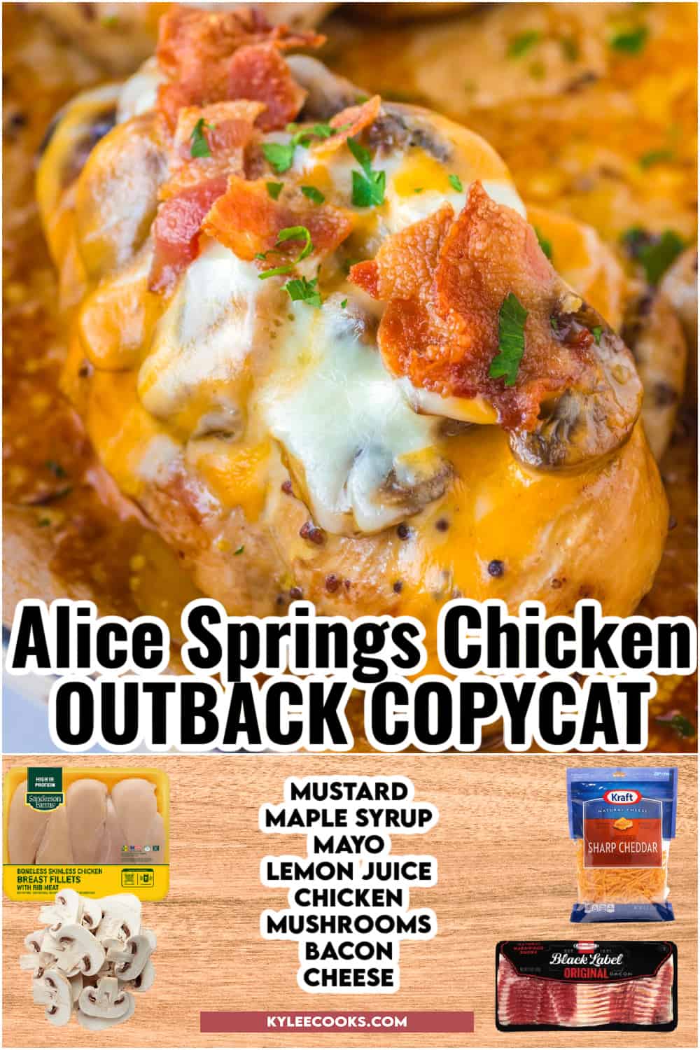 alice springs chicken in a skillet with recipe name and ingredients overlaid in text.